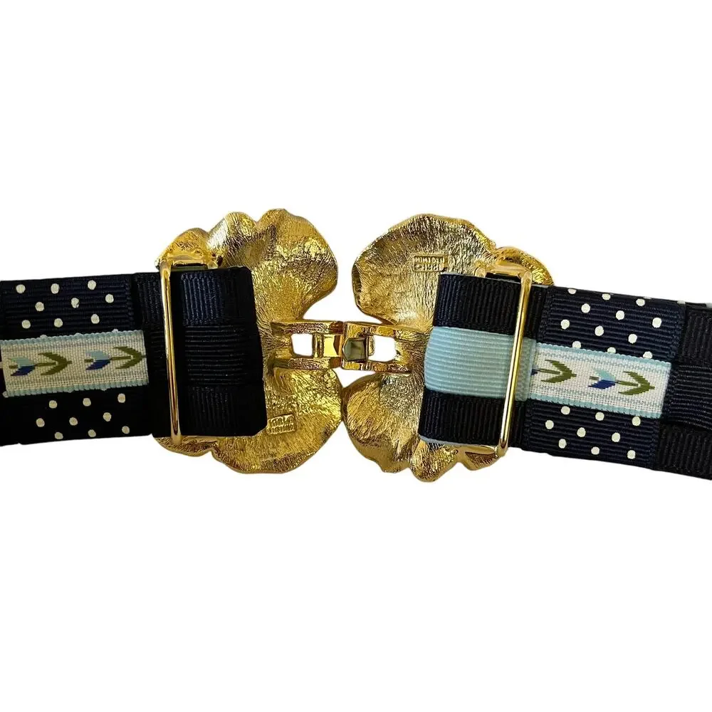 Mimi Di N Vintage Gold-Tone Leaf Buckle with Woven Blue Fabric Statement Belt